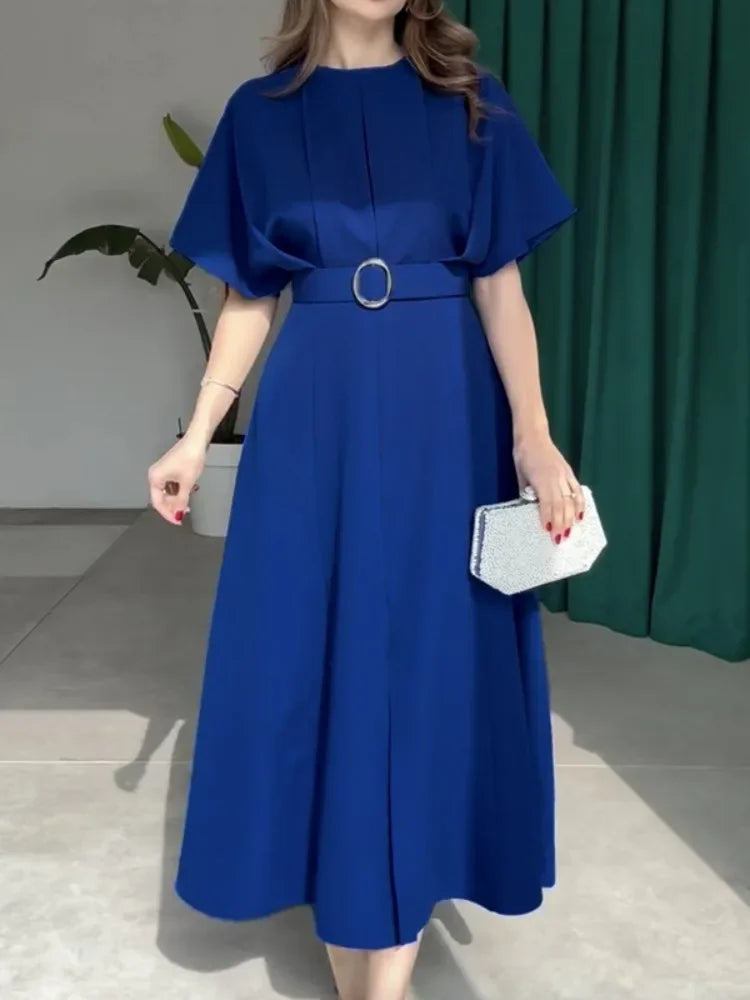 2025 Woman Summer Dress Elegant Office Dresses 2025 New Short Sleeve with Belt Pleated