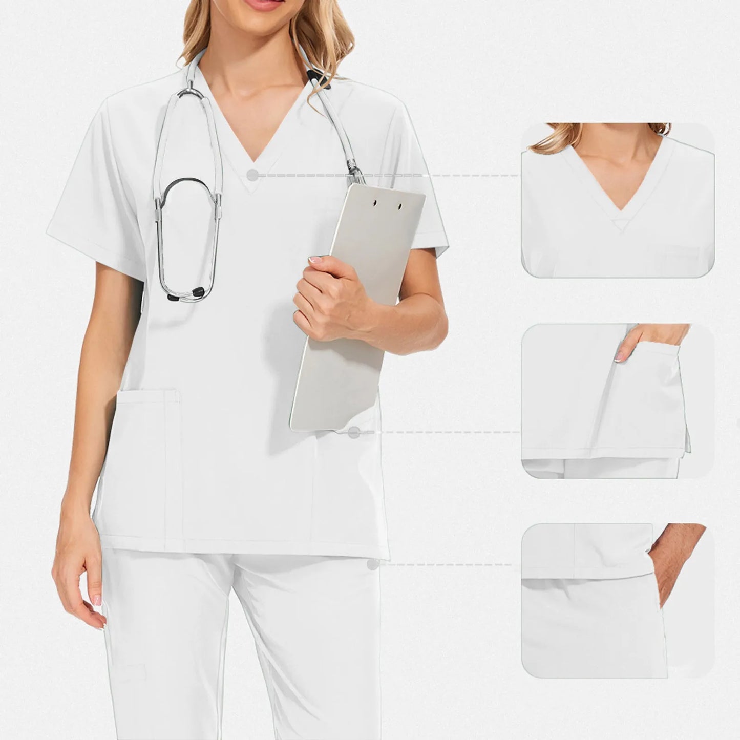V Neck Medical Nursing Uniform Set With Drawstring Jogger Pants