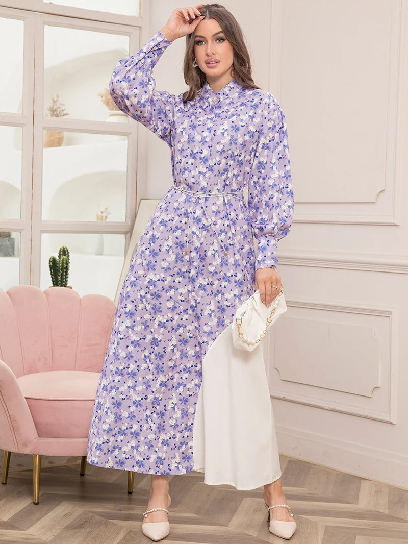 Elegant Floral Print High Neck Contrast Color Belted Shirt Sleeve Long Dress -