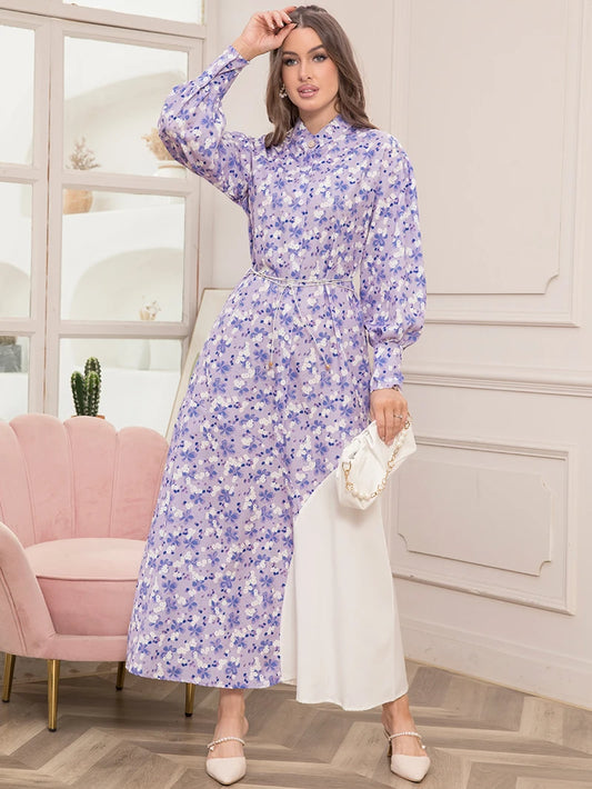 Elegant Floral Print High Neck Contrast Color Belted Shirt Sleeve Long Dress -