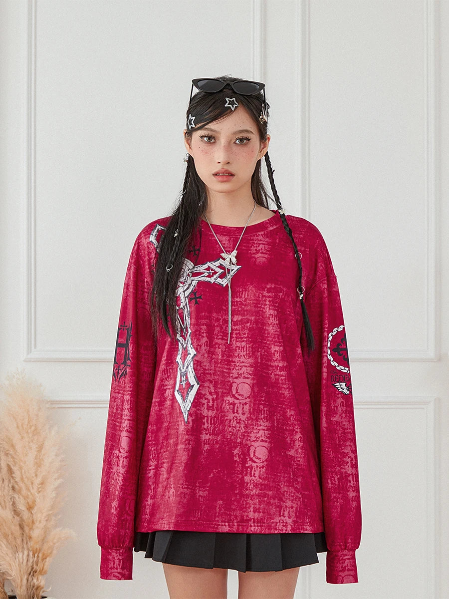 Women's Vintage Gothic Graphic Loose Long Sleeve Round Neck Top