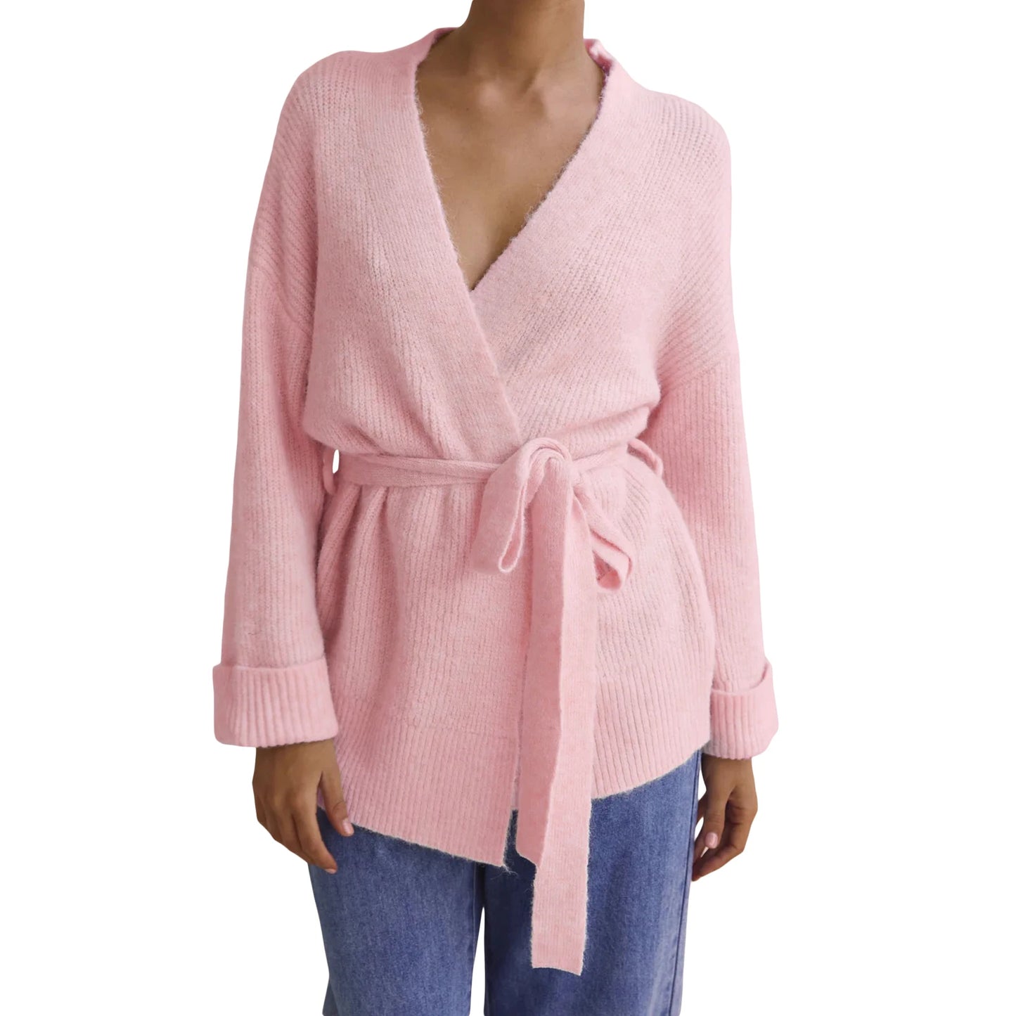 Women Open Front Belted Cardigan Long Sleeve V Neck Sweater