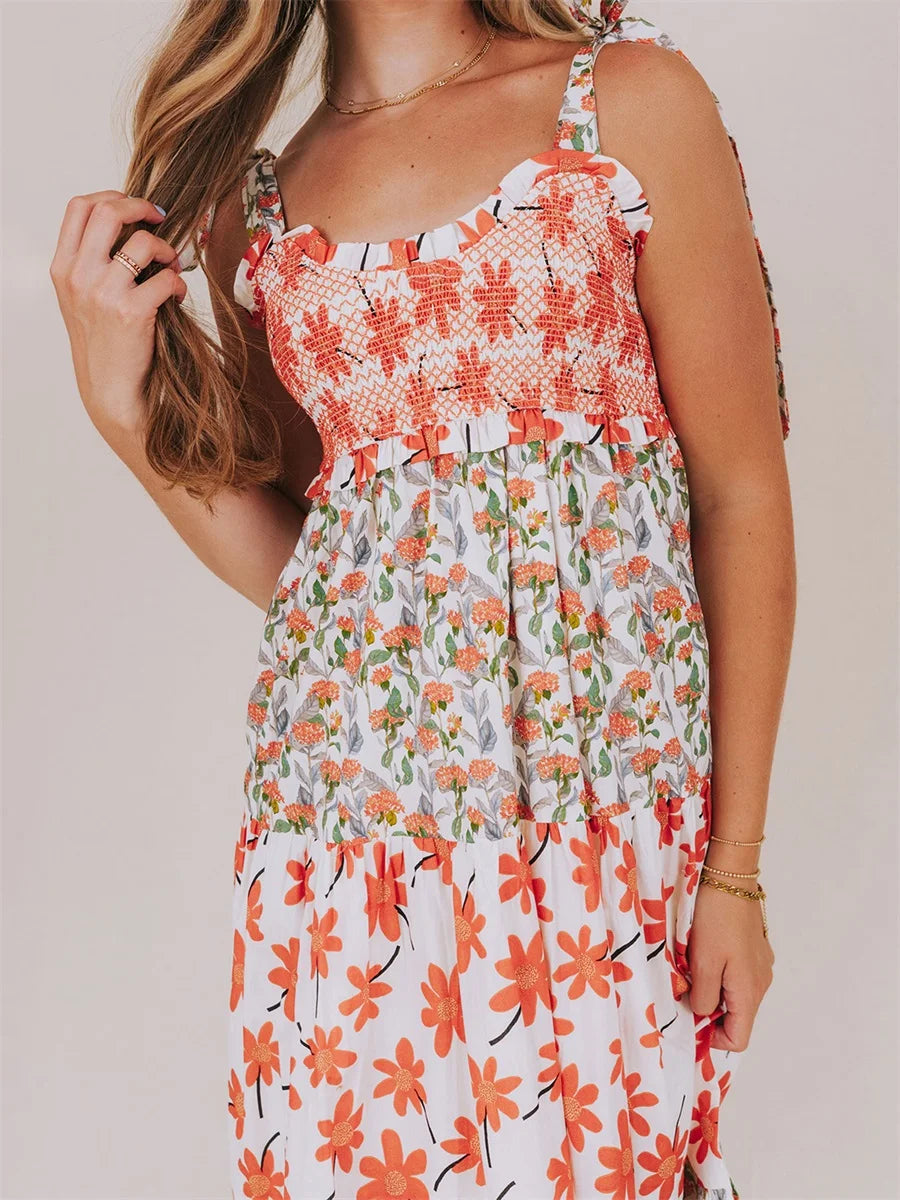 Women s Boho Maxi Dress with Ruffle Hem and Adjustable Spaghetti Straps