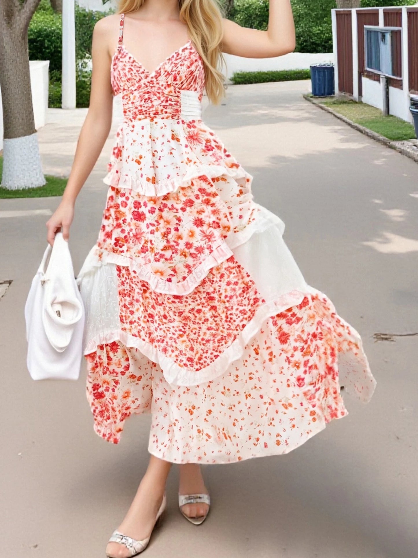 Women s Boho Floral Print Sleeveless V Neck Maxi Dress with Open Back and Flowy