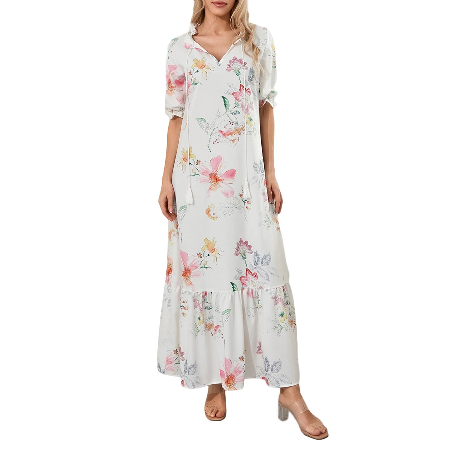 Women Long Dress Elegant Short Sleeve V Neck Flower Graphic Print