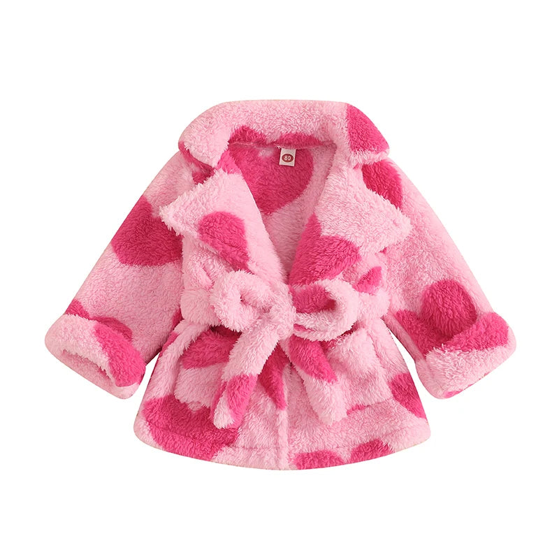Valentine s Day Toddler Girls Heart Print Fleece Bathrobe with Tie Waist and Long Sleeves -