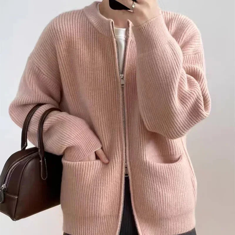 Cozy Knit Cardigan Jacket With Double Zipper For Autumn Winter