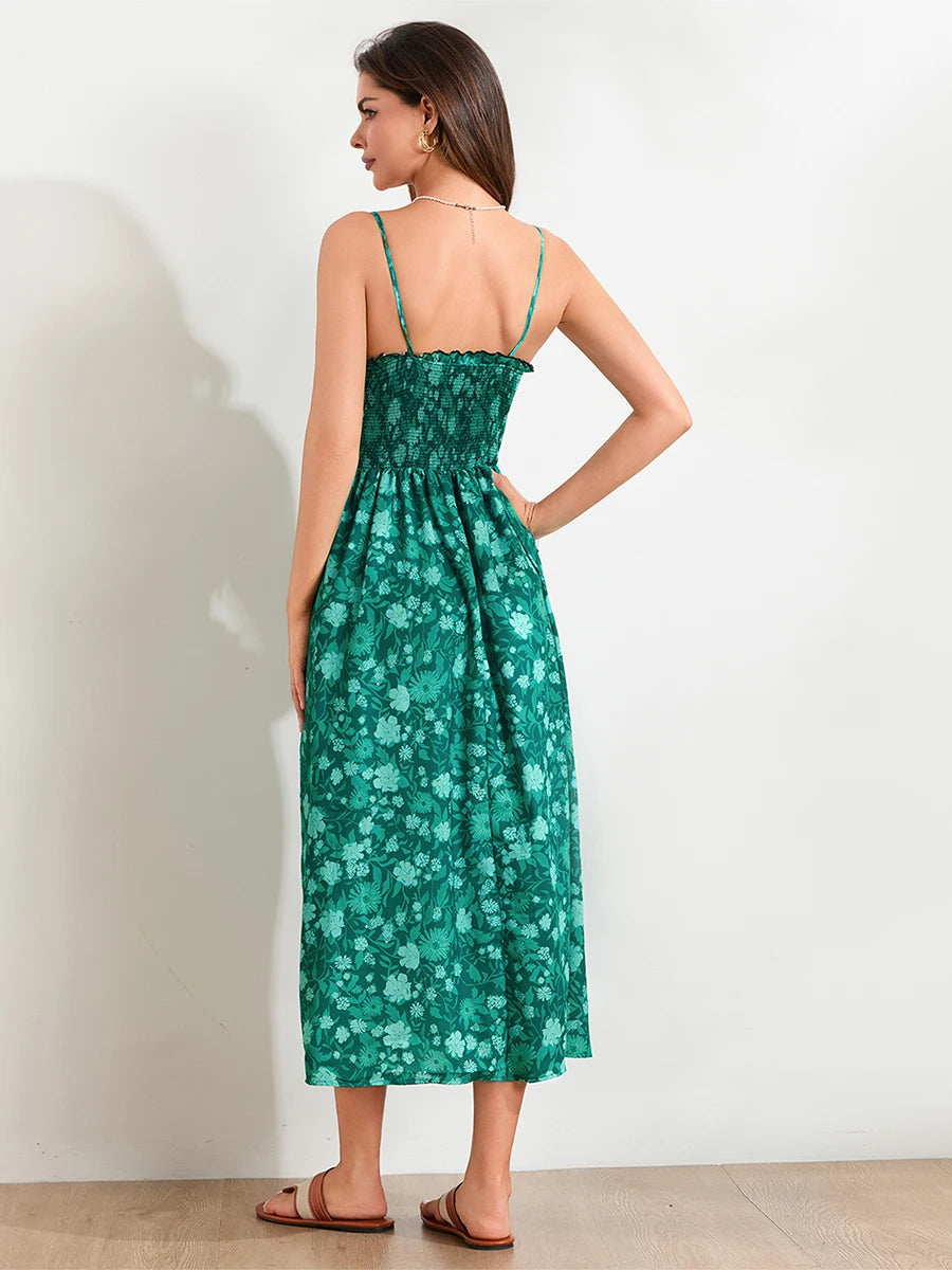 Elegant V-Neck Sleeveless Maxi Dress with Lace Trim Flowy A-Line Evening Gown