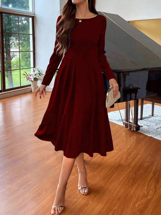 Elegant Women Long Sleeve A Line Dress Polyester Modern