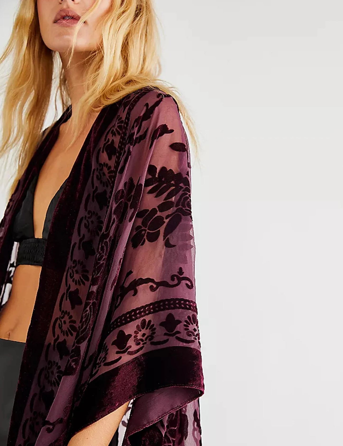 WeHello Women's Burnout Velvet Kimono Long Cardigan Cover Up with Tassel