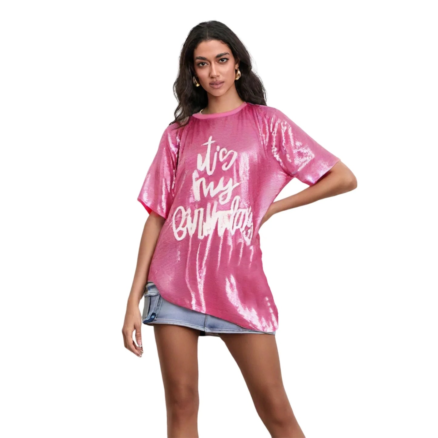 Sequin Embellished Short Sleeve Tunic Dress with Round Neckline