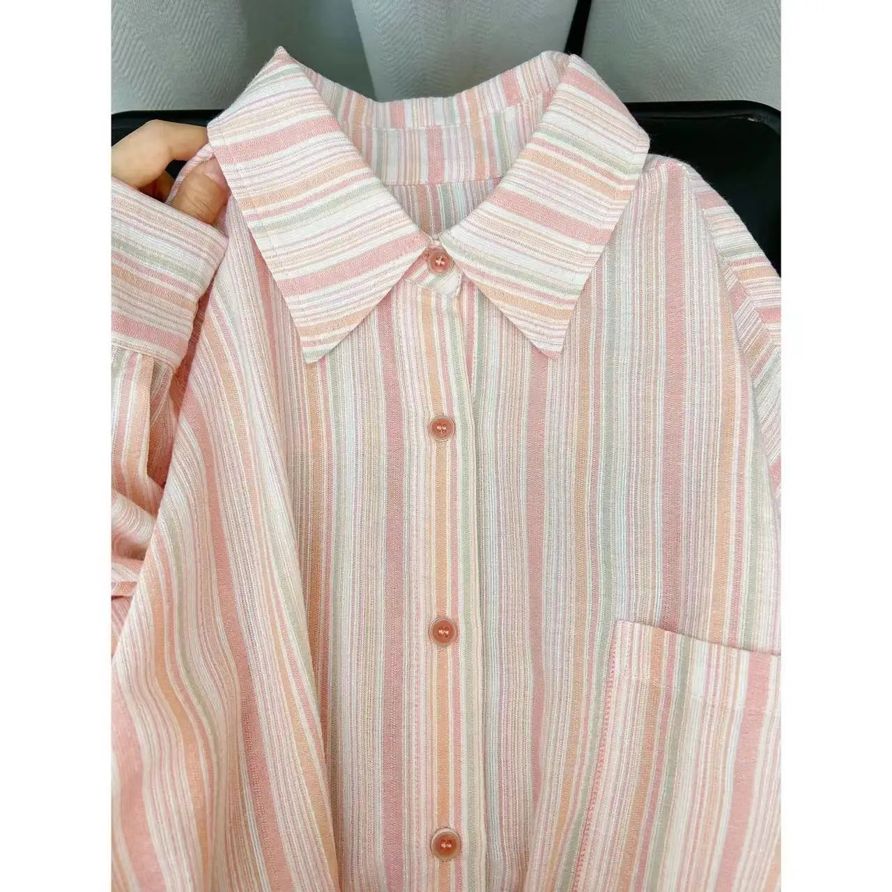 Vintage Striped Shirts Women All-match Korean Style Single Pocket