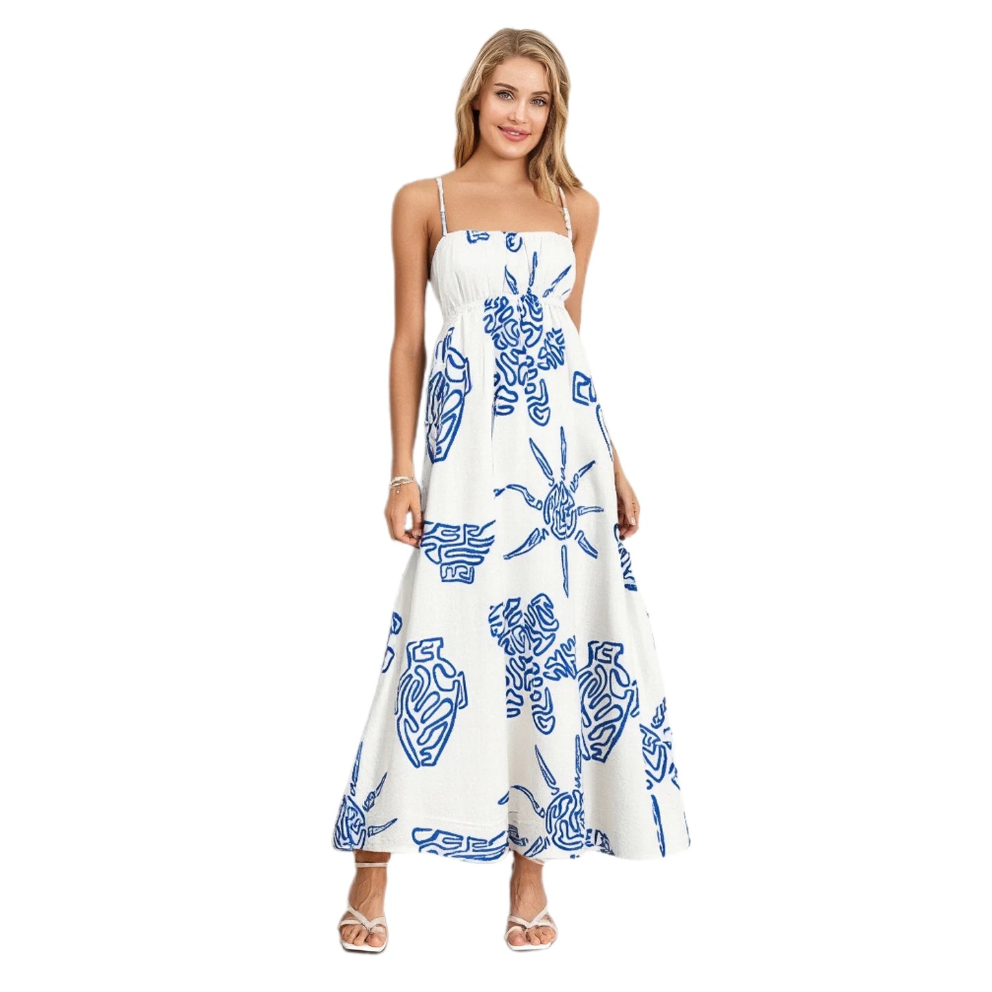 Elegant Floral Print Sleeveless Maxi Dress with Adjustable Spaghetti Straps