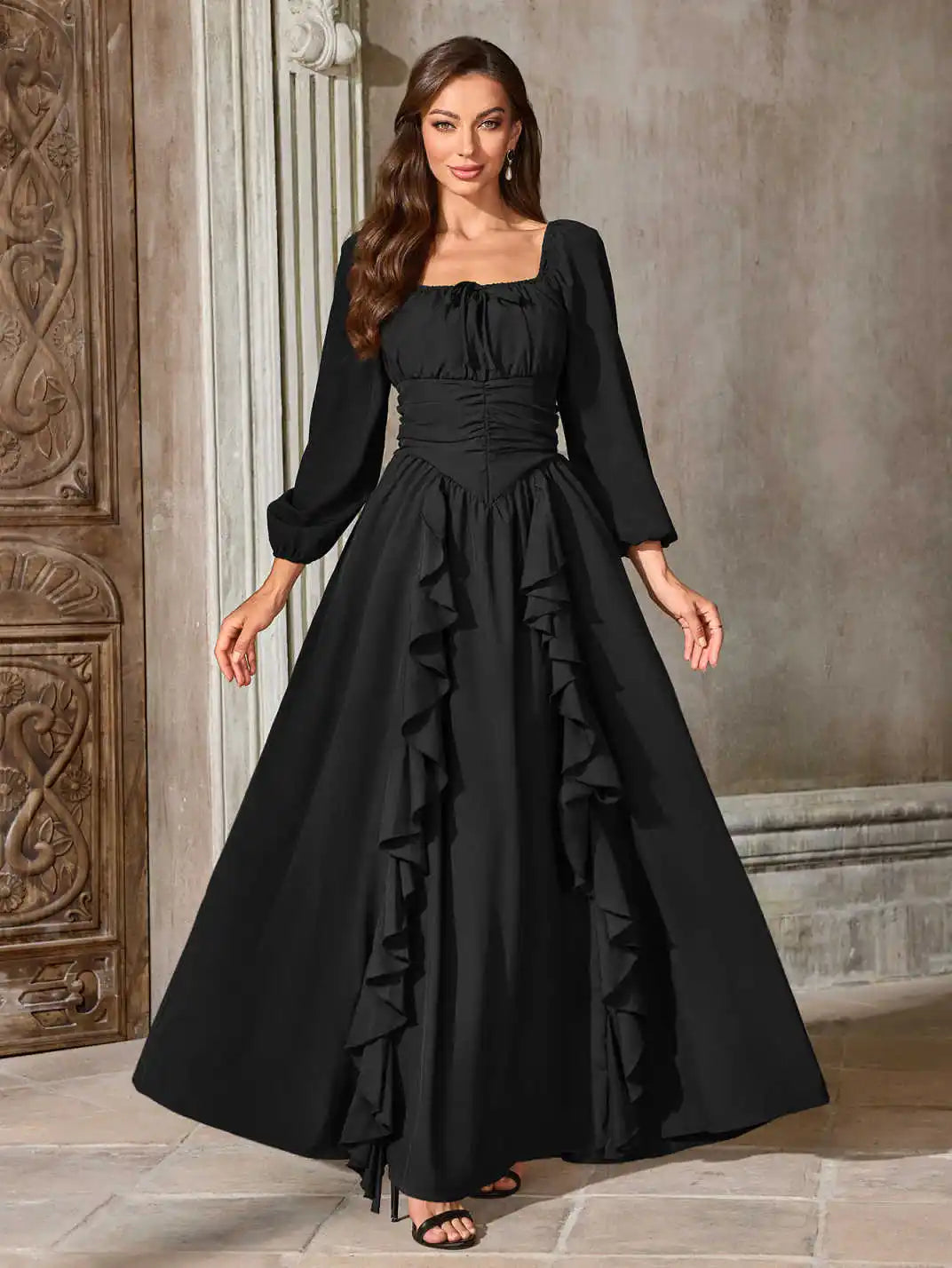 Renaissance Medieval Dress Women Ren Faire Dress, Square Neck, Long Puff Sleeves,