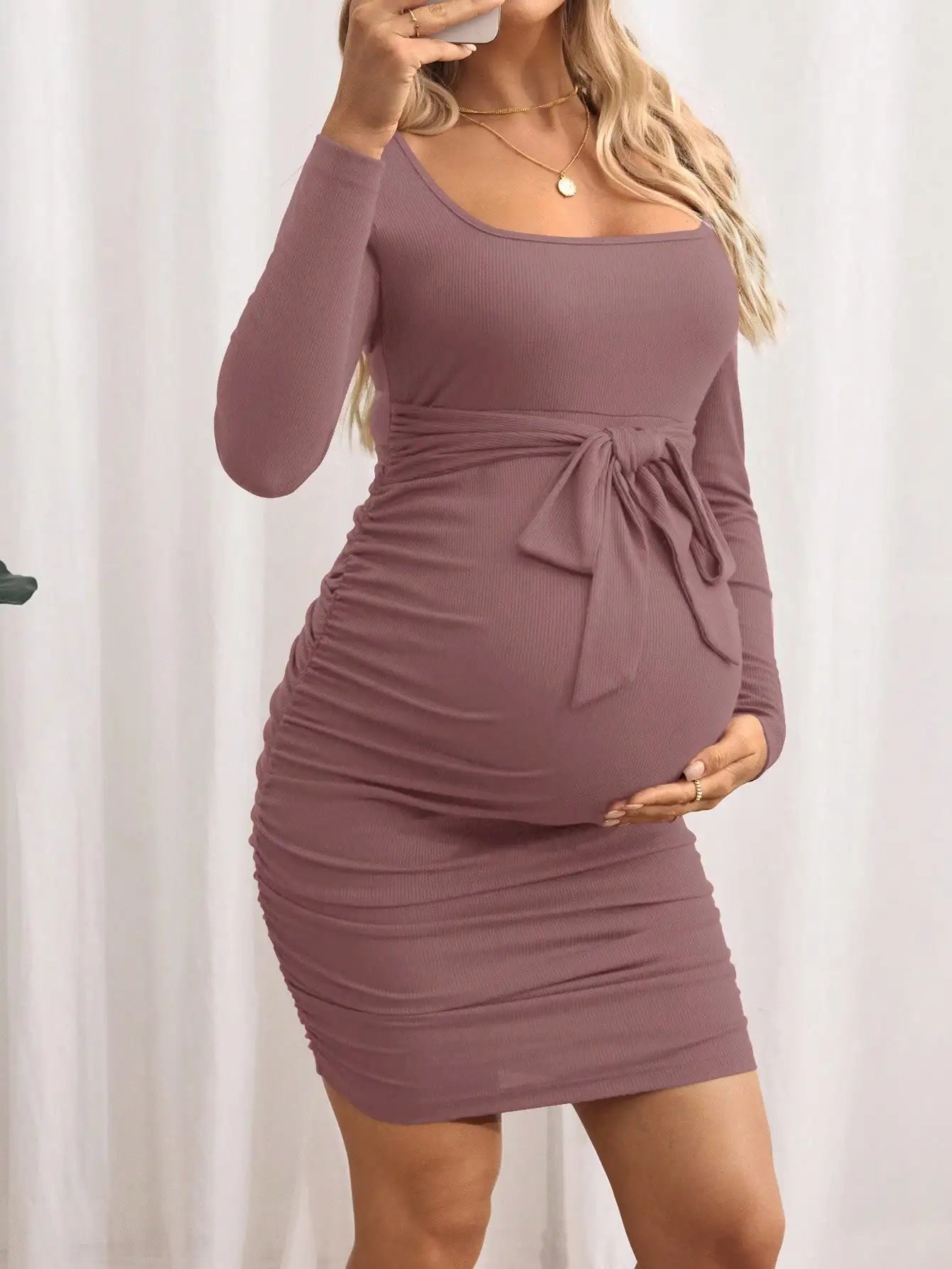 Maternity Solid Color V-Neck Long Sleeve Tie Waist Fitted Dress Burgundy