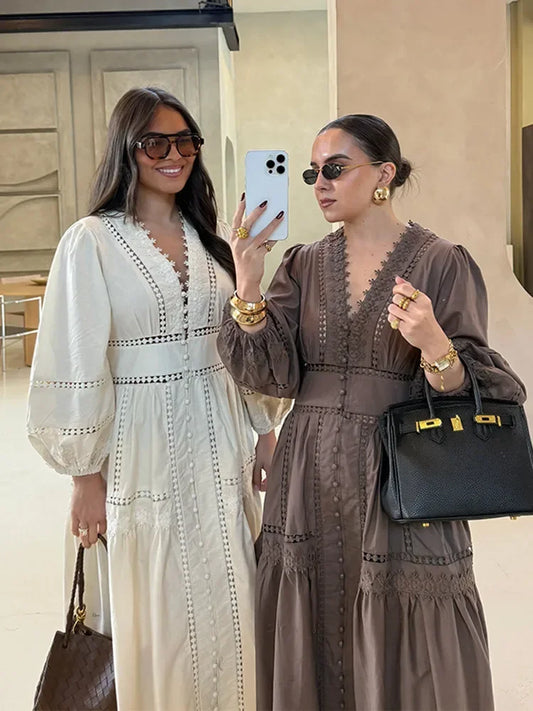 Lace Long Dresses Women Hollow Out V-neck Full Puff Sleeves Loose A line Dress