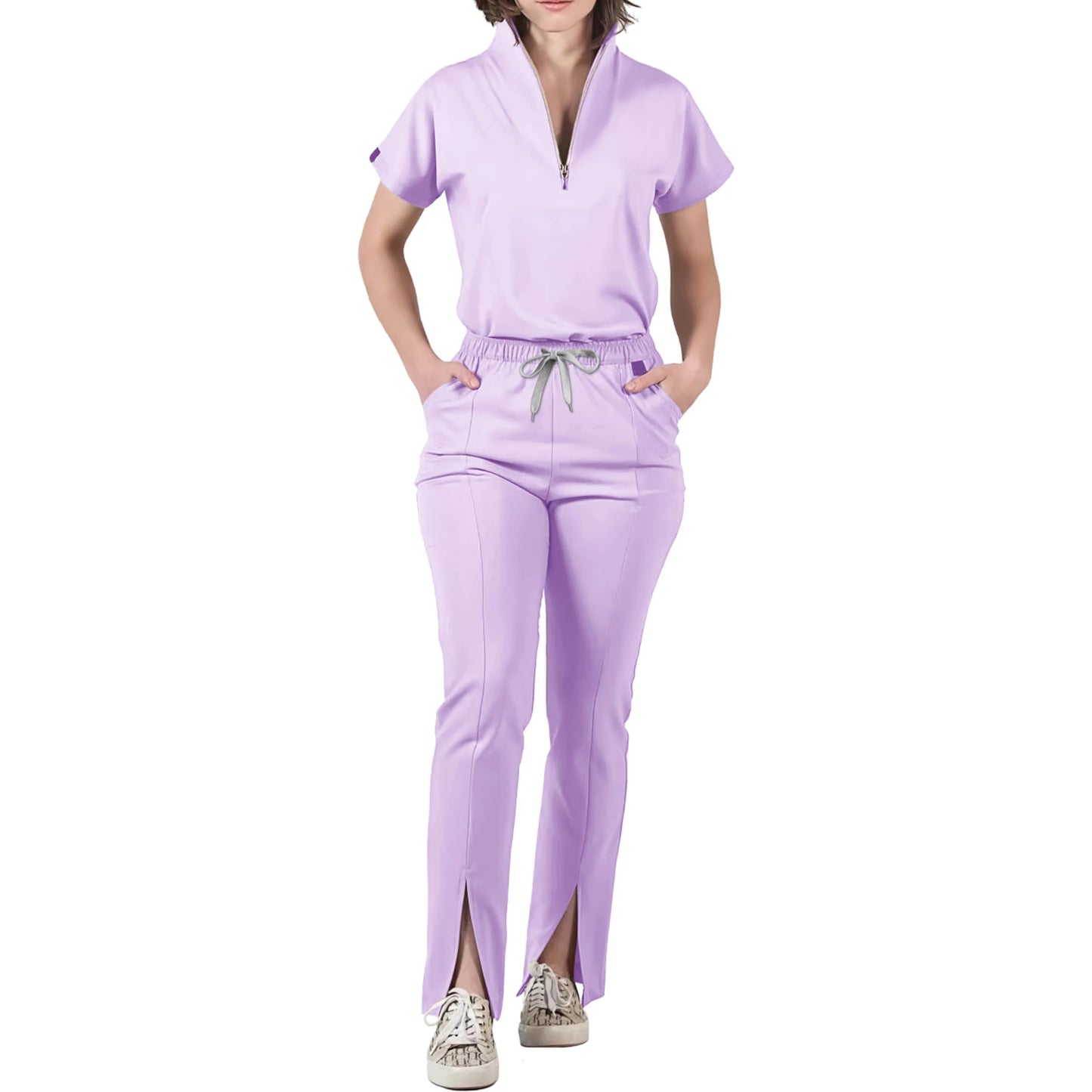 Women's Nurse Scrub Set V-Neck Half Zipper Short Sleeve Multi-Color Split Hem Pants Multi-Pocket