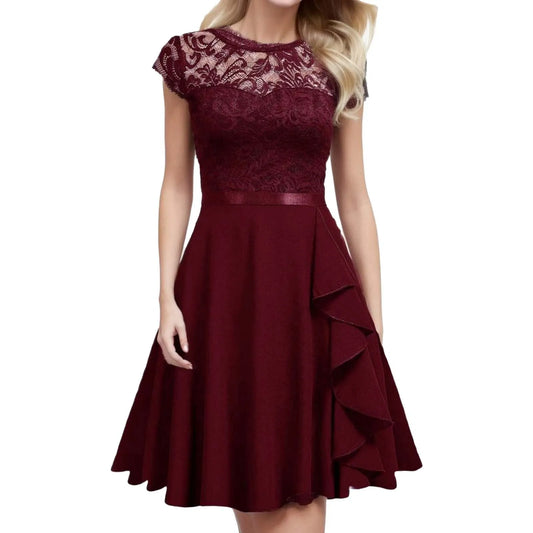 Women Cocktail Dress With Lace And Crew Neck Short Sleeves
