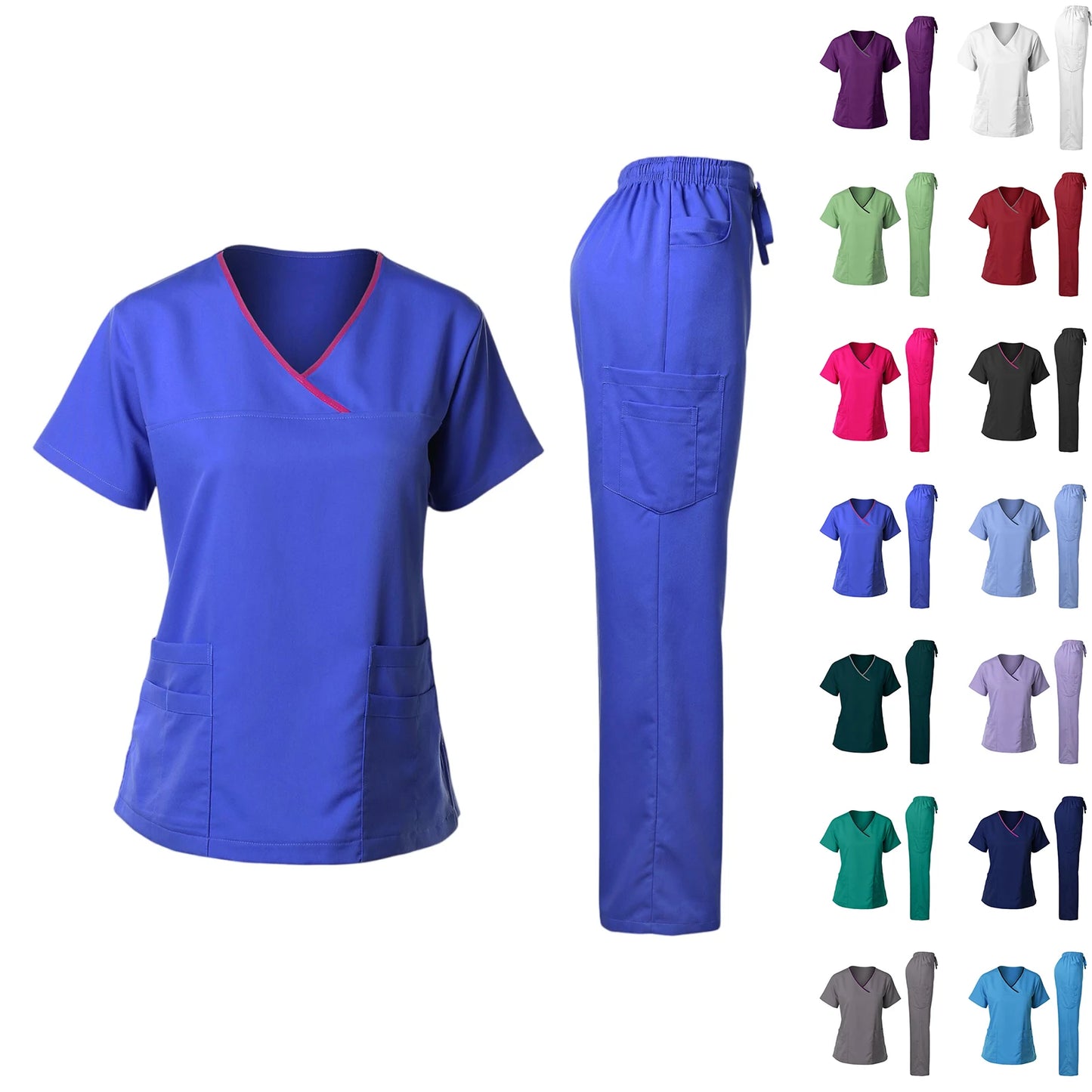Nurse Scrub Set V Neck Short Sleeve Medical Uniform Pockets