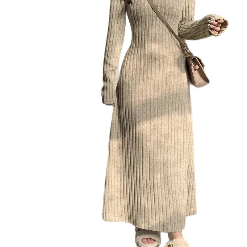 French Style Long Sleeve Knitted Dress Cinched Waist A Line