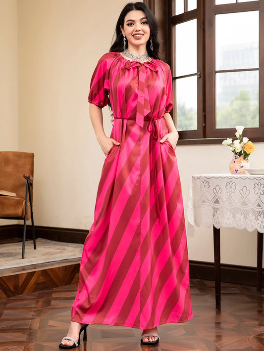 Elegant style Ruffle collar Stripe Color contrast Pocket Bandage Puff sleeve