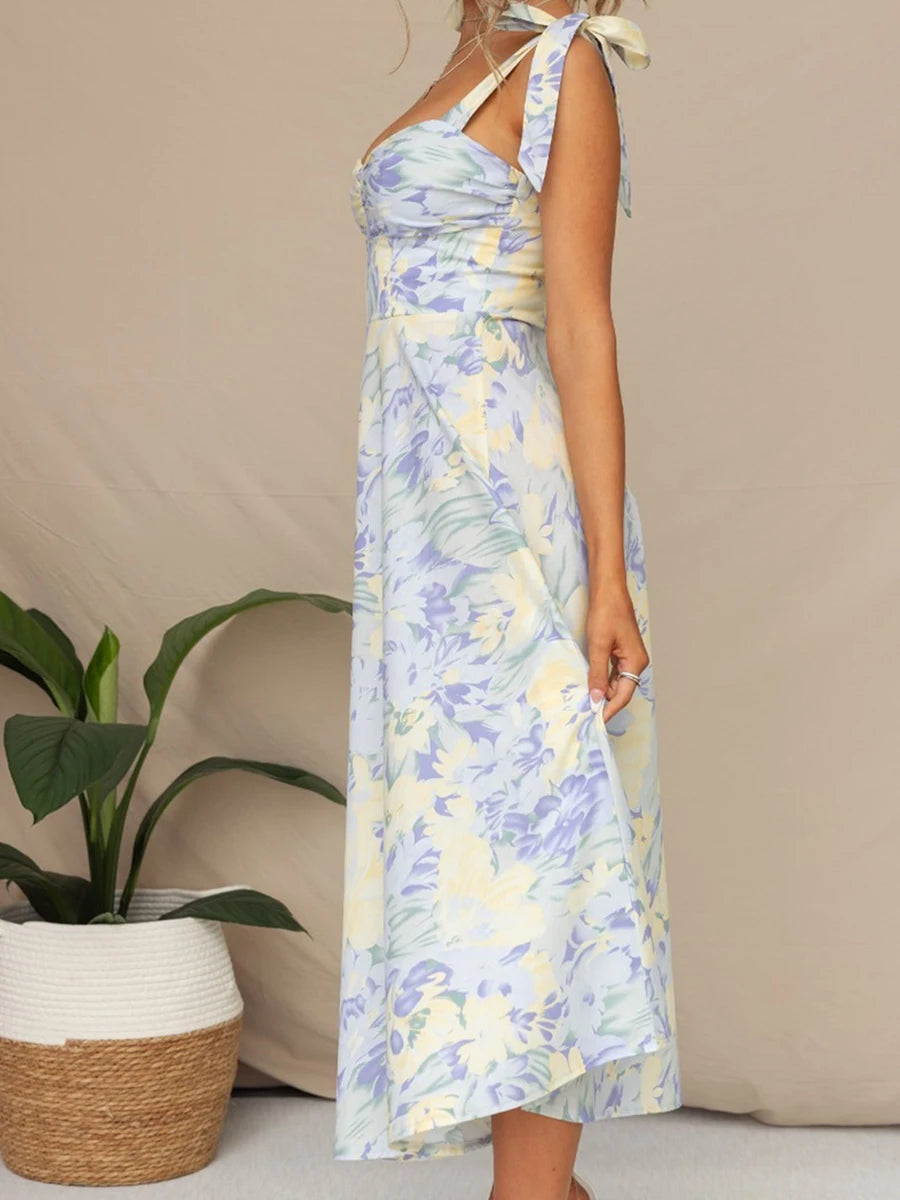 Women Sling Dress Sleeveless Low-cut Tie-up Flower Print