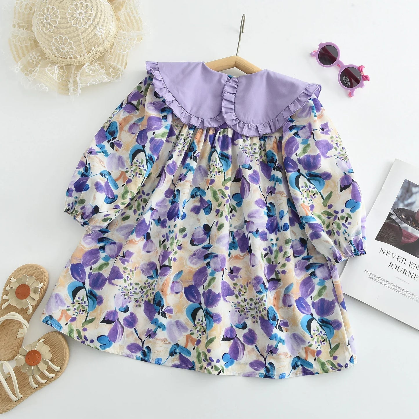 Girls Casual Dresses Purple Flower Print Lace Lapel Puff Sleeves