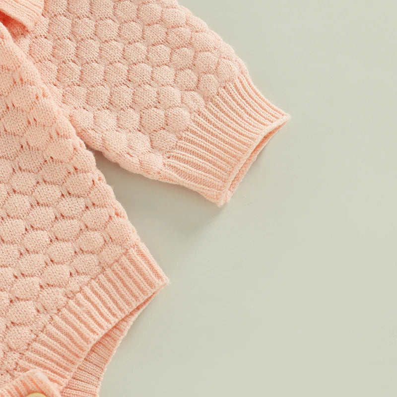 Adorable Baby Girls Knitted Ruffle Romper with Long Sleeves Solid Color