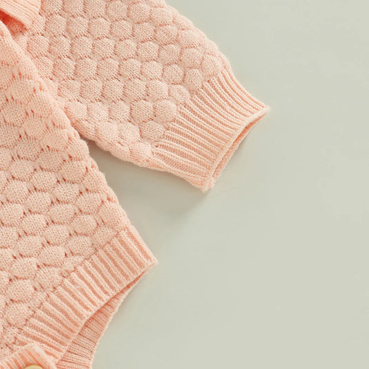 Adorable Baby Girls Knitted Ruffle Romper with Long Sleeves Solid Color
