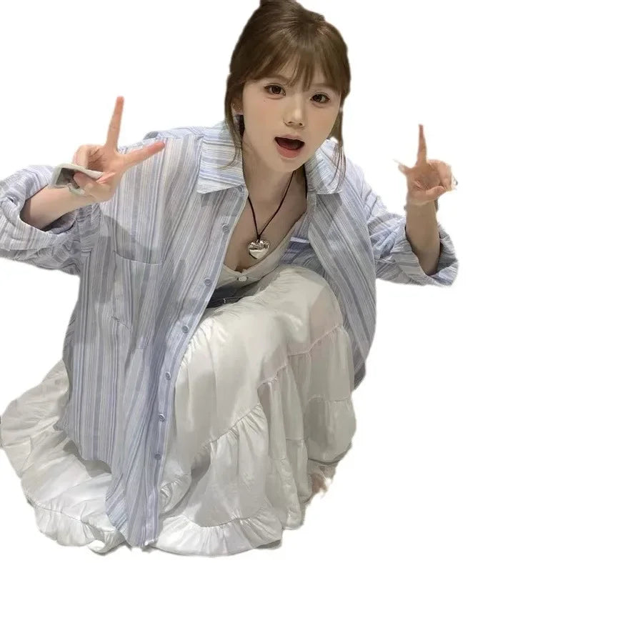 Cross-Border Factory Export Xiong Cardiganblue Striped Top