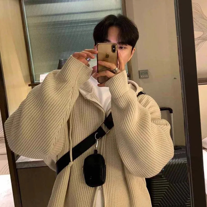 Men's Korean Light Luxury Knit Hooded Cardigan Sweater Casual