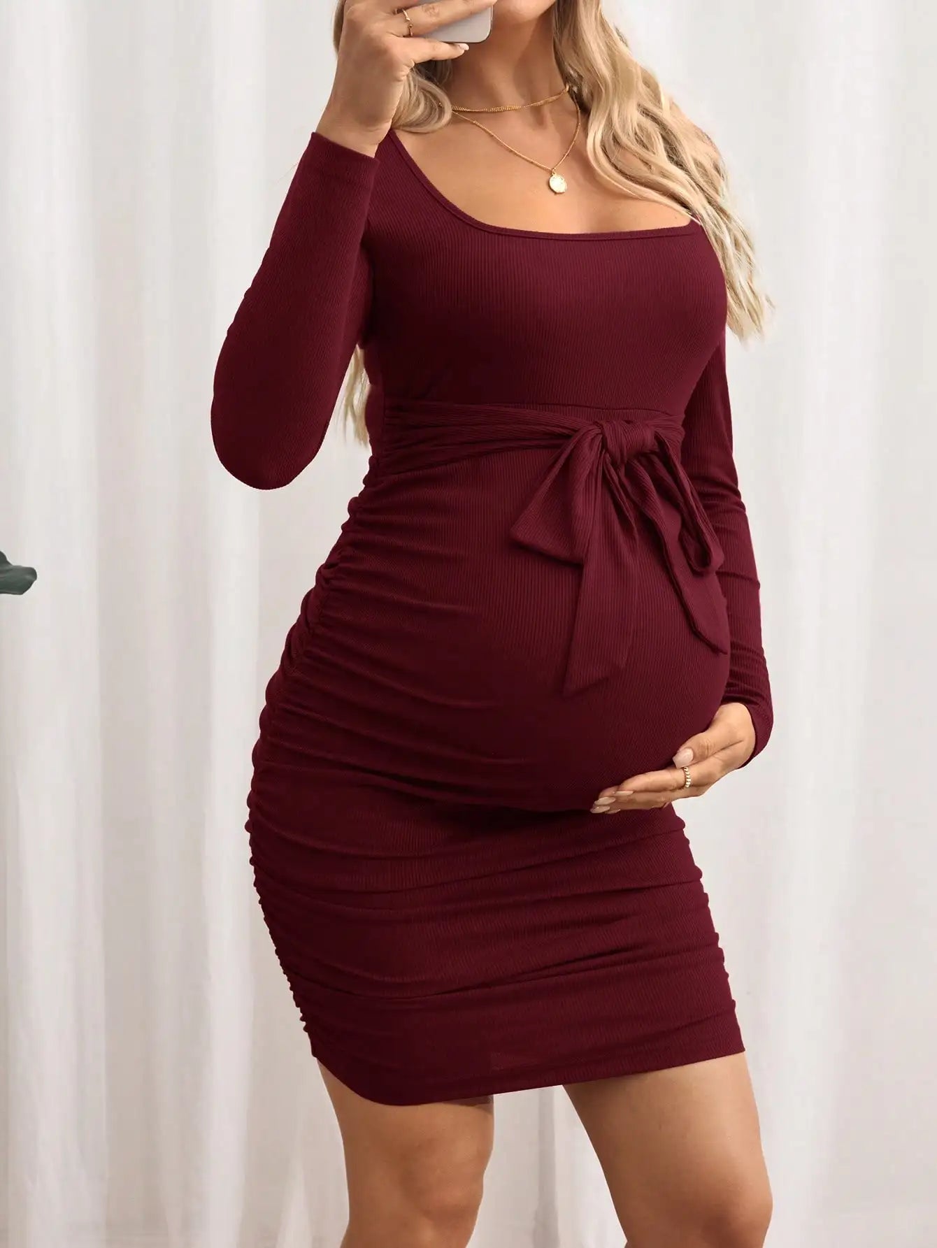 Maternity Solid Color V-Neck Long Sleeve Tie Waist Fitted Dress Burgundy