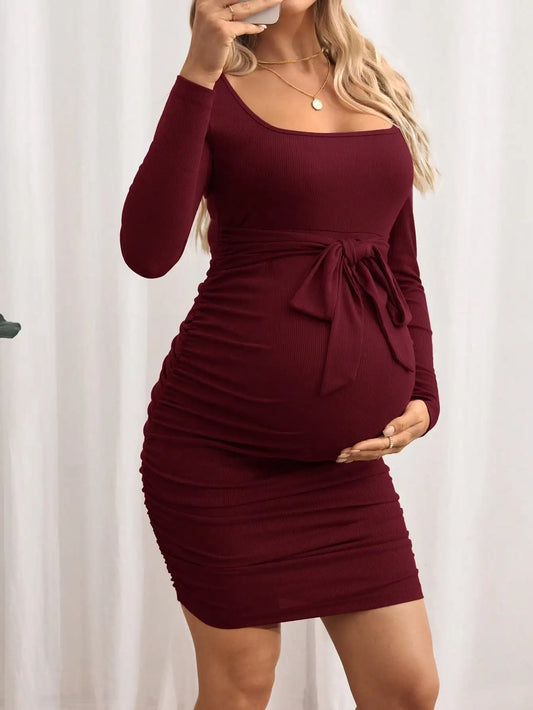Maternity Solid Color V-Neck Long Sleeve Tie Waist Fitted Dress Burgundy