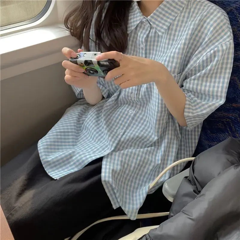 Plaid Shirts for Women Youthful Commuting Fresh Pocket Summer Short Sleeve
