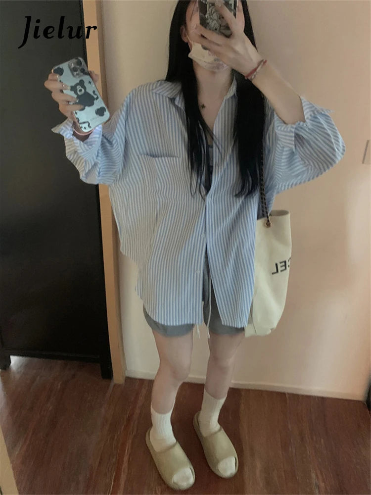Jielur Spring Pink Striped Women's Shirts Summer Loose Blue Pockets