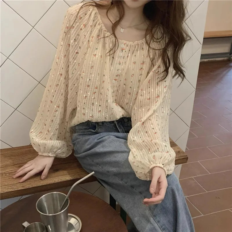 Chiffon Shirts Women Summer Floral Printing Girls Long Lantern Sleeve