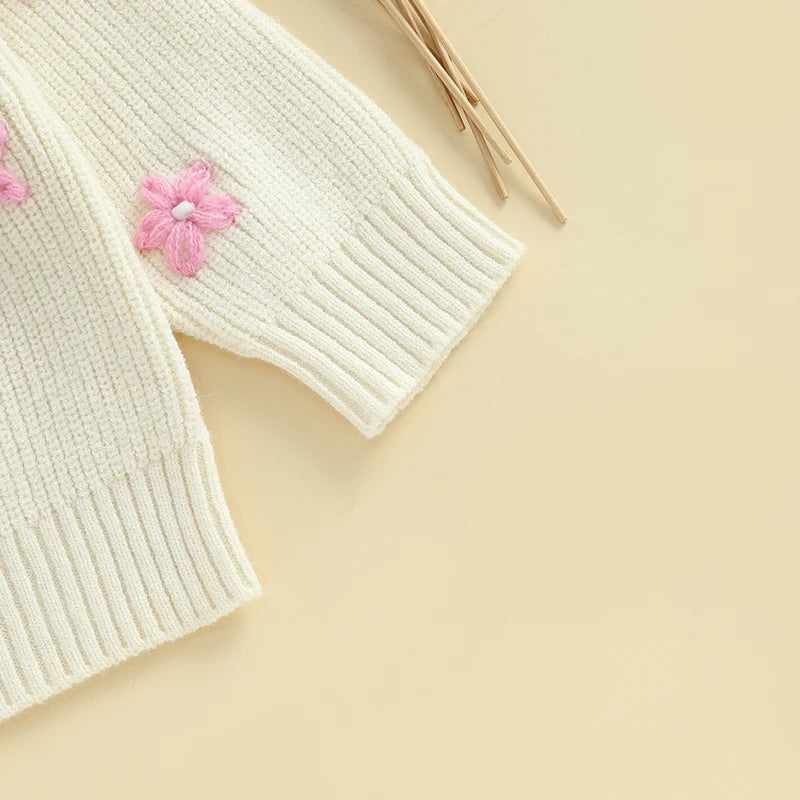 Cute Baby Girls Knit Sweater with Floral Embroidery and Cozy Long Sleeves -