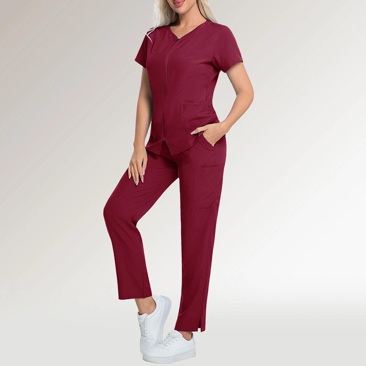 Scrub Set V-Neck Short Sleeve Zipper Multi-Pocket Solid Color Medical Uniform