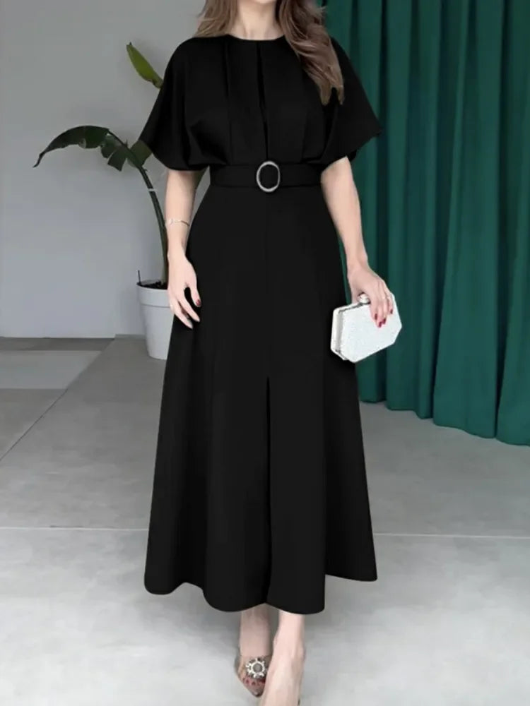 2025 Woman Summer Dress Elegant Office Dresses 2025 New Short Sleeve with Belt Pleated