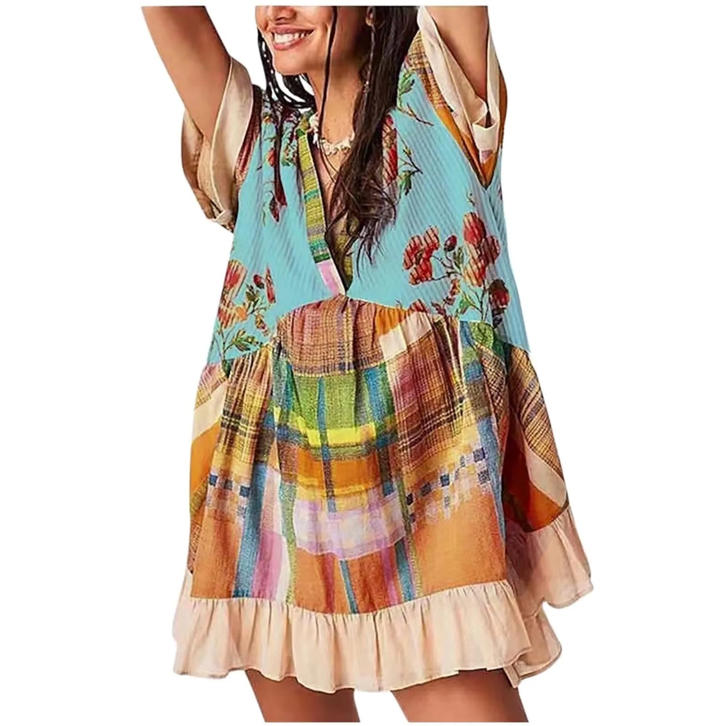 Women Boho Beach Mini Dress 2024 Summer V Neck Short Sleeve