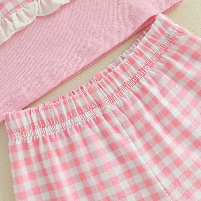 Girls Floral Print Ruffle Sleeve Top and Denim Shorts Set with Bow Detail -