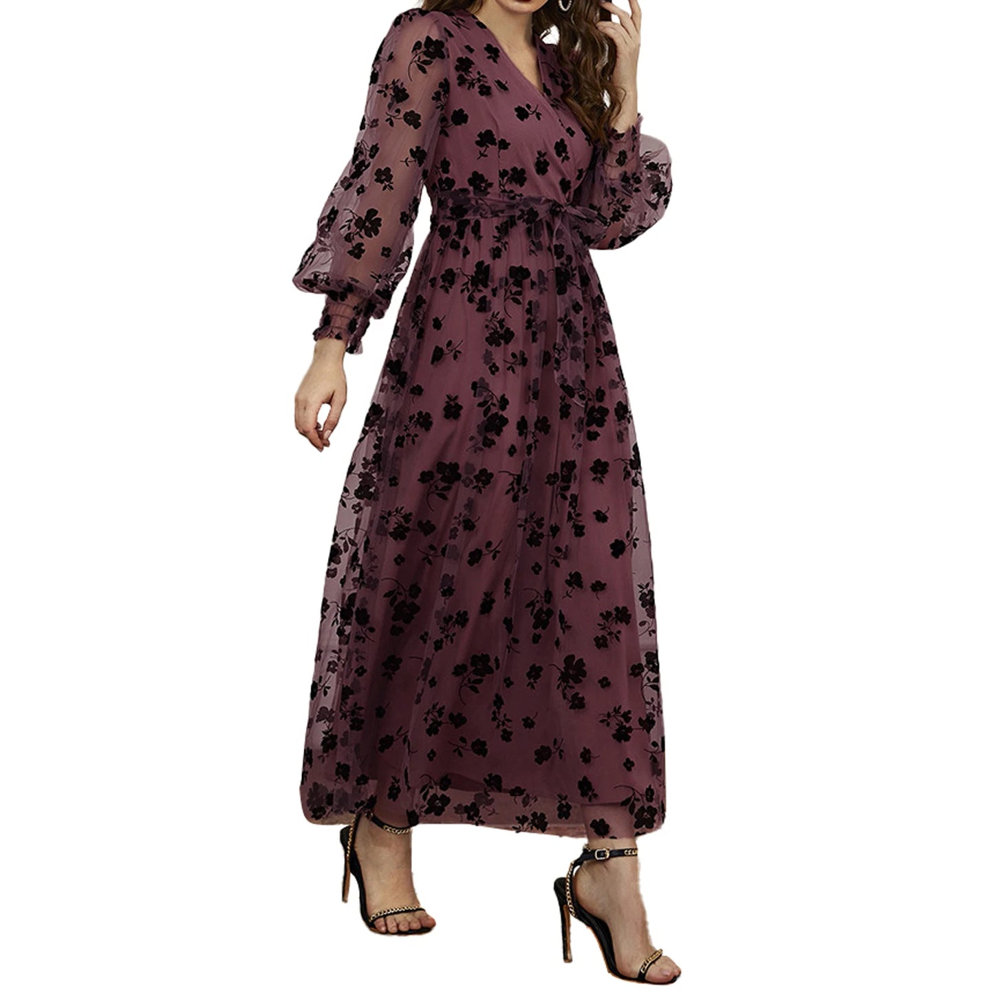 Floral Embroidered Belted Maxi Dress With Long Sleeves For Events