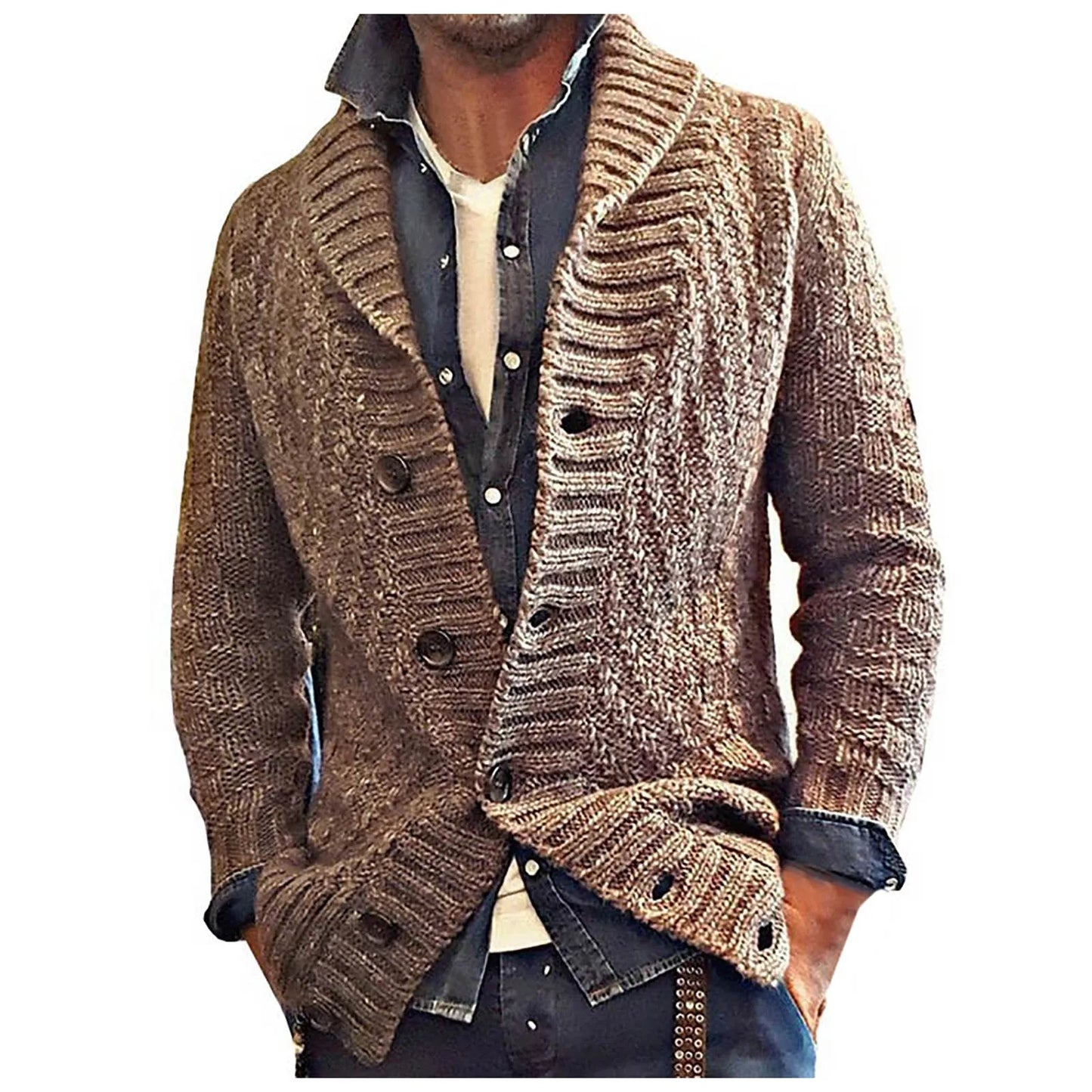 Men's Autumn Winter Hooded Knit Cardigan Lapel Long Sleeve