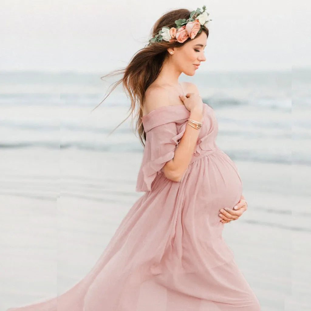 Maternity Dress Women Solid Color Short Sleeve Ruffles Maternities Party  Outfits