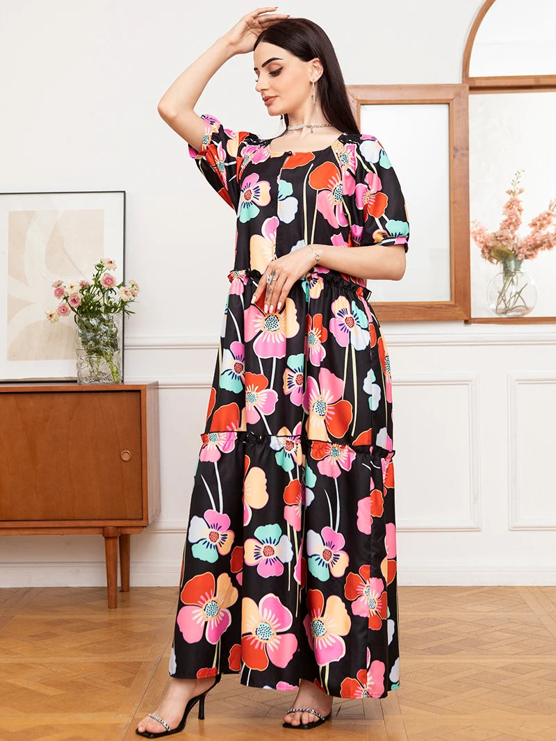 Sweet Round neck Flowers Plant Pocket Buttons Lantern sleeve Long Dress