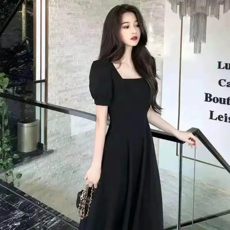 White Dress Bubble Sleeve Square Neck Light Wind Style Long Skirt Korean Style