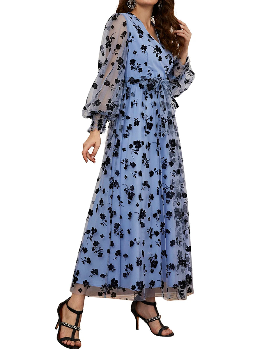 Floral Embroidered Belted Maxi Dress With Long Sleeves For Events