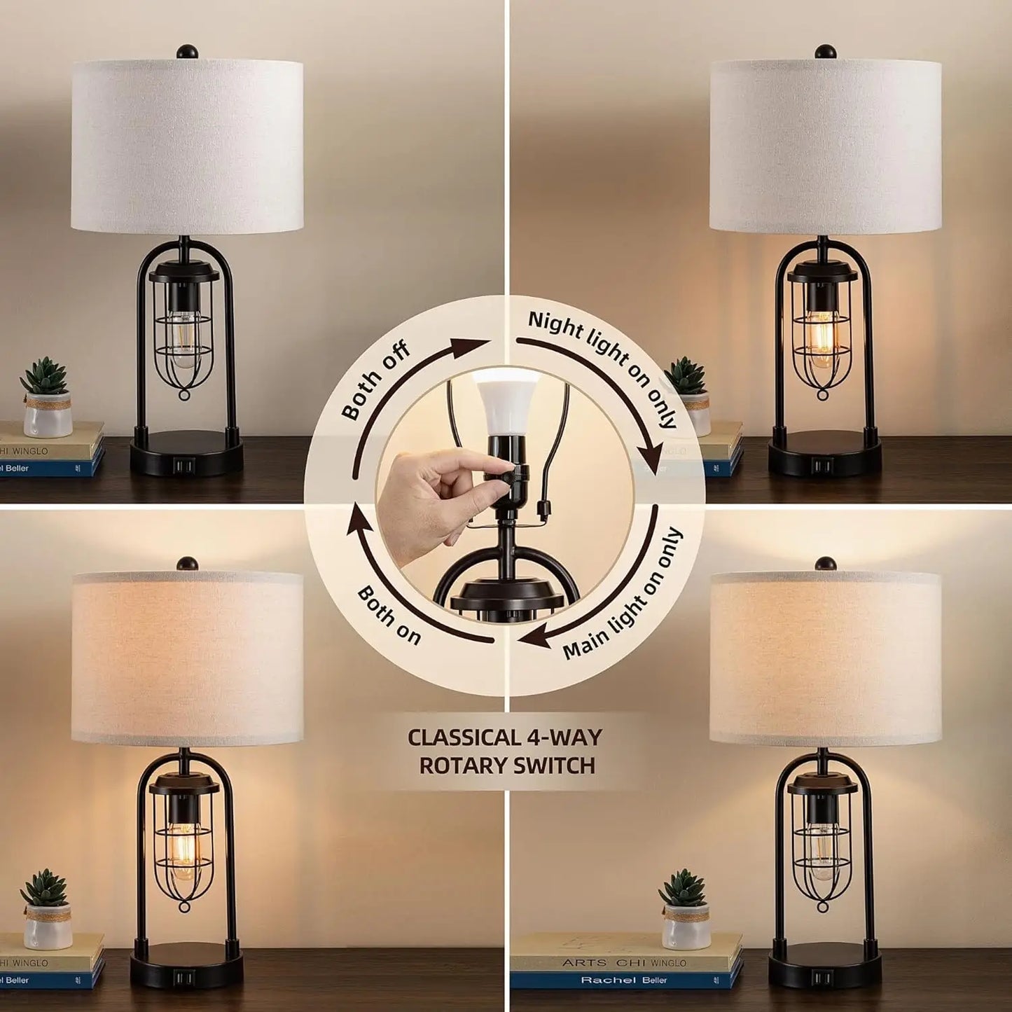 Set Of 2 Contemporary USB Table Lamps With Night Light