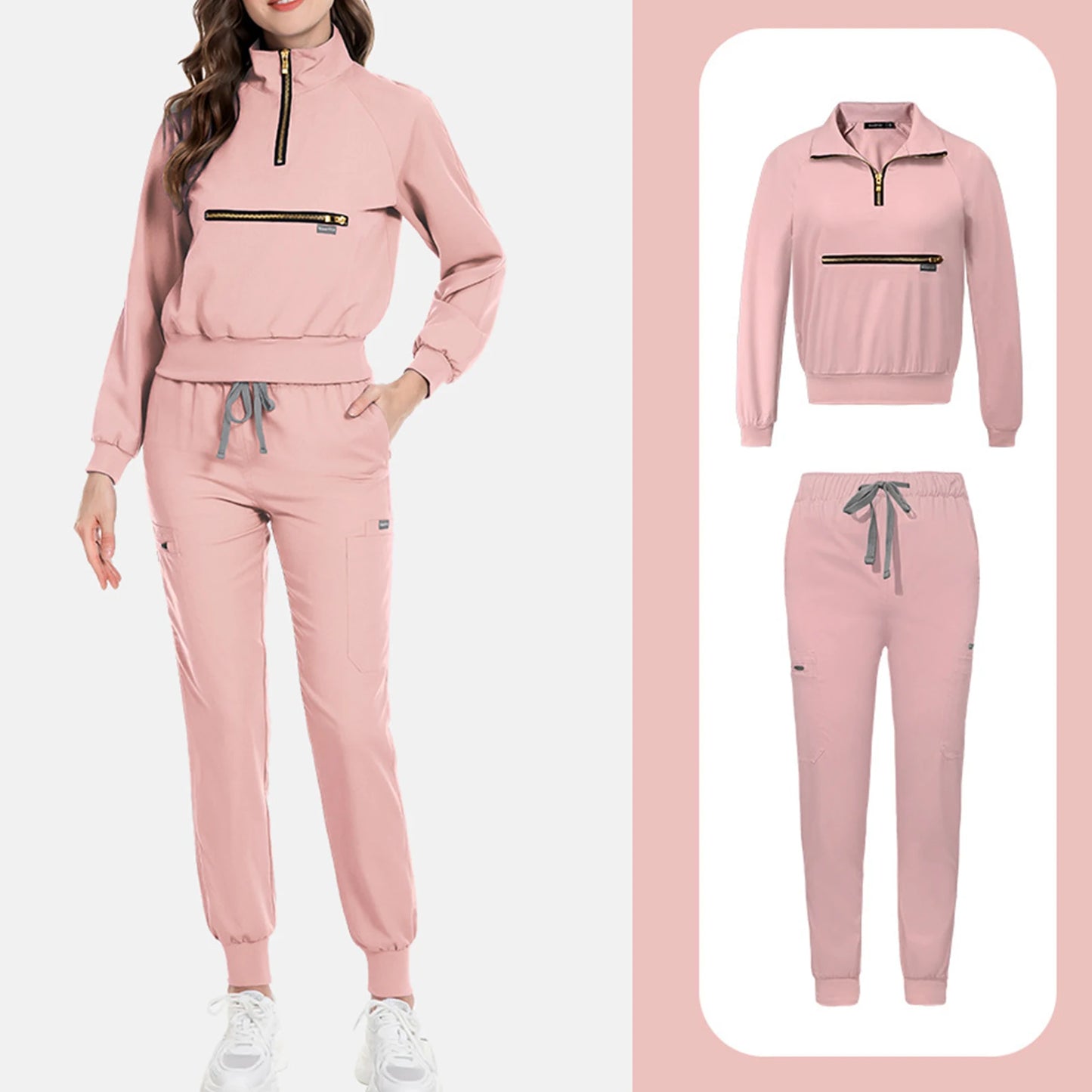 Scrub Set Stand Collar Zipper Long Sleeve Multi Pocket Professional