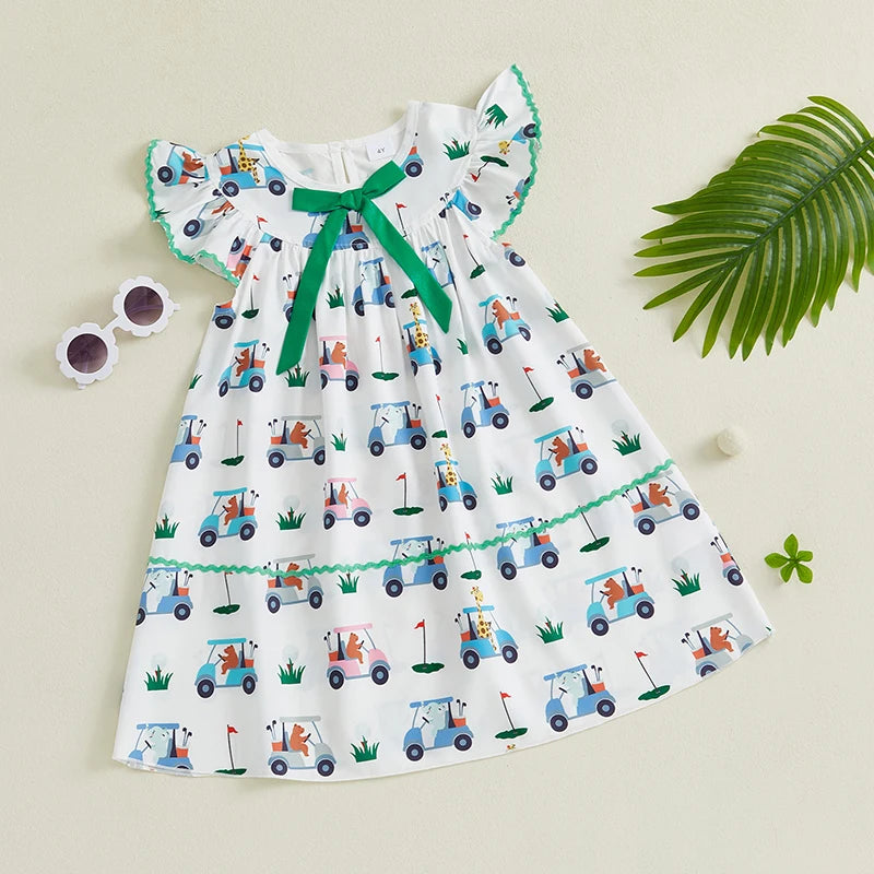 Girls Summer Sleeveless Round Neck Floral Print A-line Dress with Bow Detail and Ruffle Hem